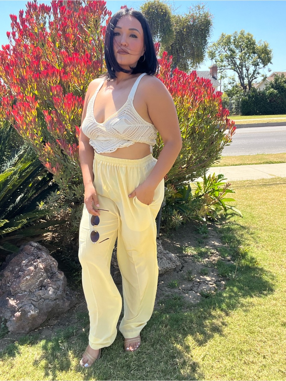 Vintage Victoria Holley Light Yellow Women's Elastic-Waist Casual Pants 100%silk